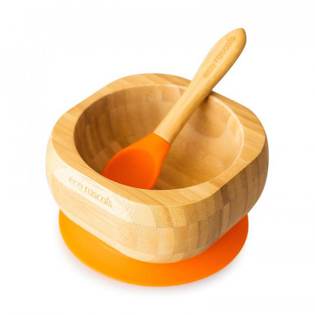 Bol de bambú con ventosa de Eco Rascals en el color naranja