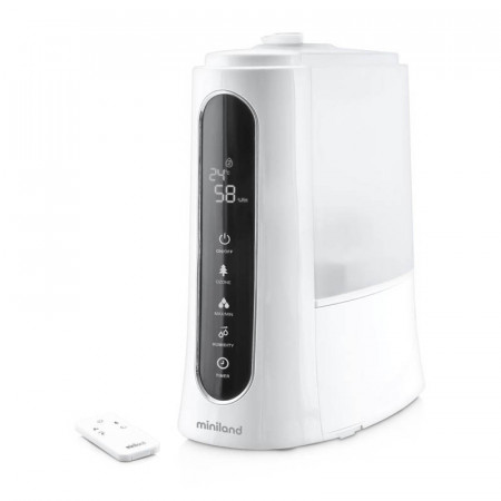 Humidificador Humitouch Pure de Miniland, con mando a distancia para controlar todas  sus funciones desde cualquier sitio.