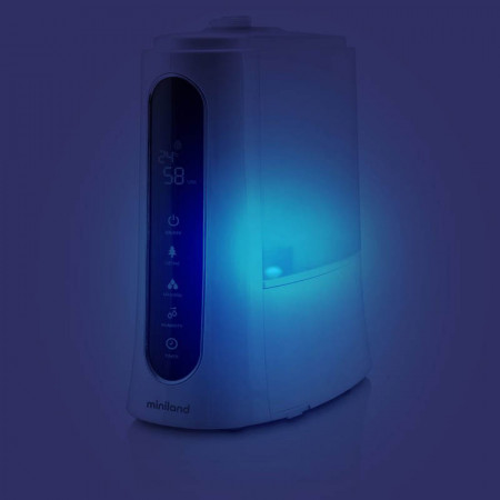 Humidificador Humitouch Pure de Miniland. Incluye una luz de compañía de color azul que puedes encender y apagar fácilmente.
