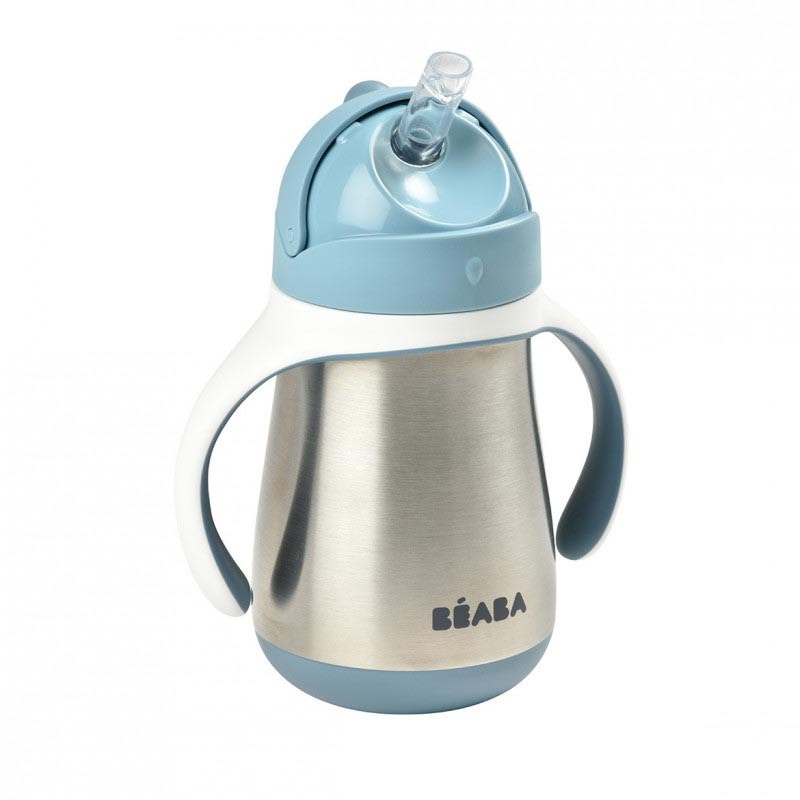 beaba taza de acero inoxidable con pajita en el color gris azulado