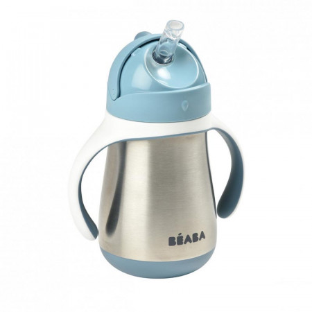 beaba taza de acero inoxidable con pajita en el color gris azulado