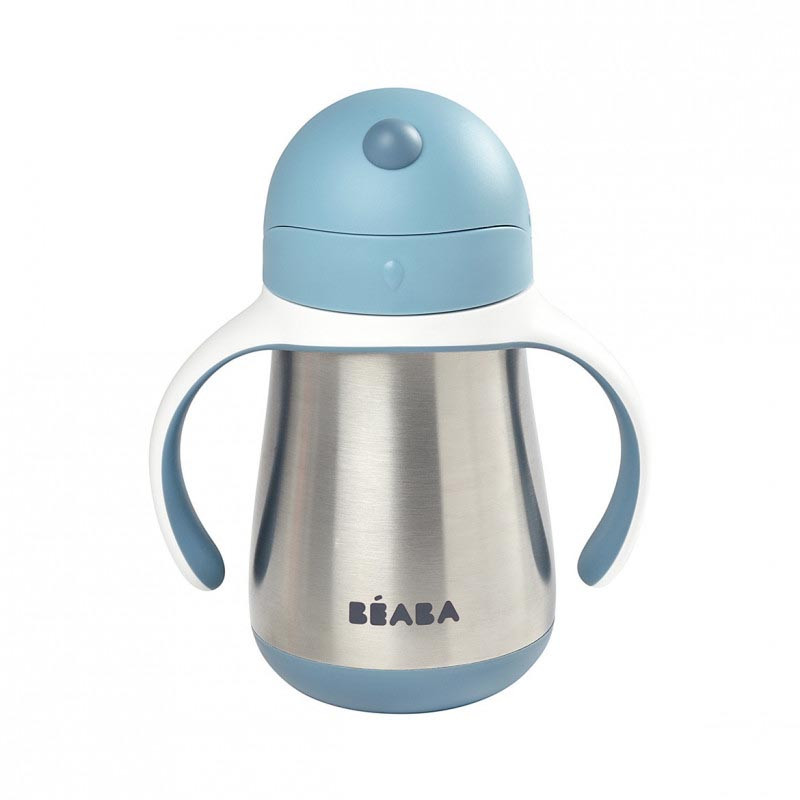 beaba taza de acero inoxidable con pajita en el color gris azulado