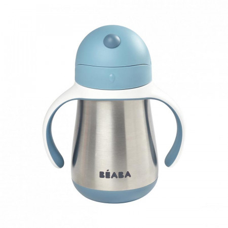 beaba taza de acero inoxidable con pajita en el color gris azulado