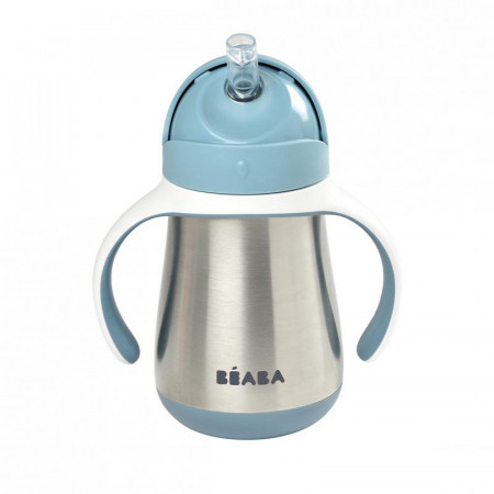 beaba taza de acero inoxidable con pajita en el color gris azulado
