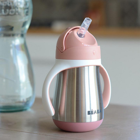 beaba taza de acero inoxidable con pajita en el color rosa viejo