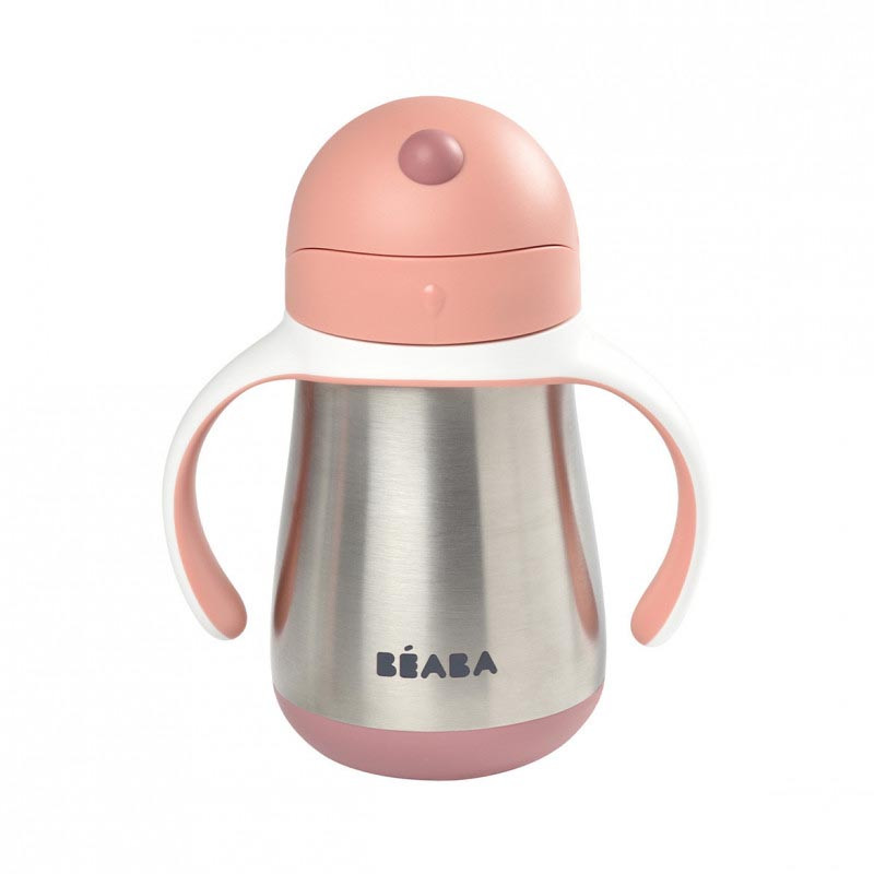 beaba taza de acero inoxidable con pajita en el color rosa viejo