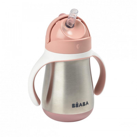 beaba taza de acero inoxidable con pajita en el color rosa viejo