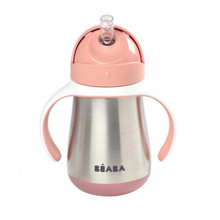beaba taza de acero inoxidable con pajita en el color rosa viejo