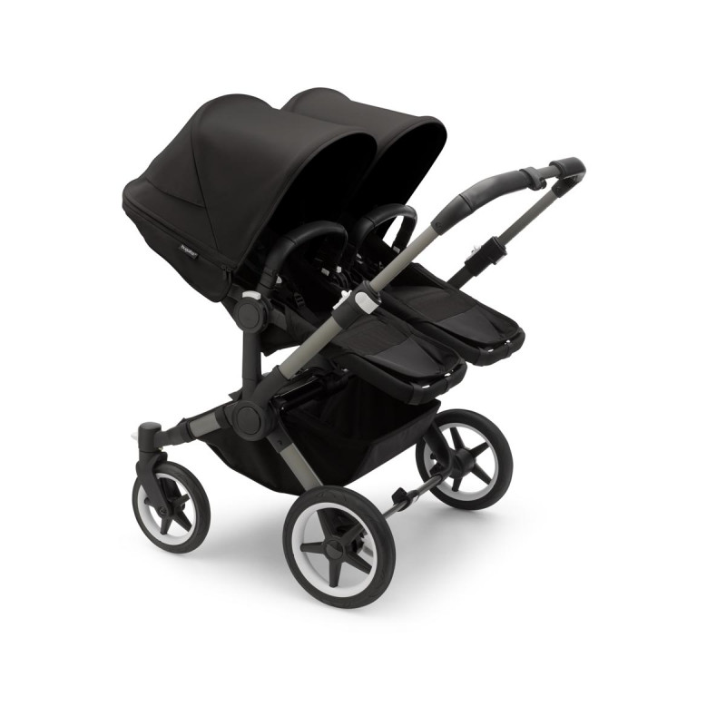 Silla de paseo Bugaboo donkey 5 twin, con chasis grafito, funda negra y capota en negro medianoche.