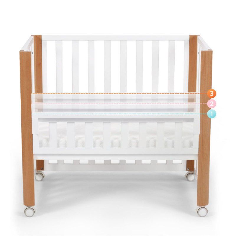 Minicuna Koya 4 en 1 de Kinderkraft, en función de colecho se puede ajustar la altura en 3 niveles.