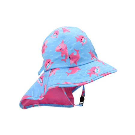 Gorro bebé con protección UPF 50+ DE Zoocchini, modelo tiburón rosa.