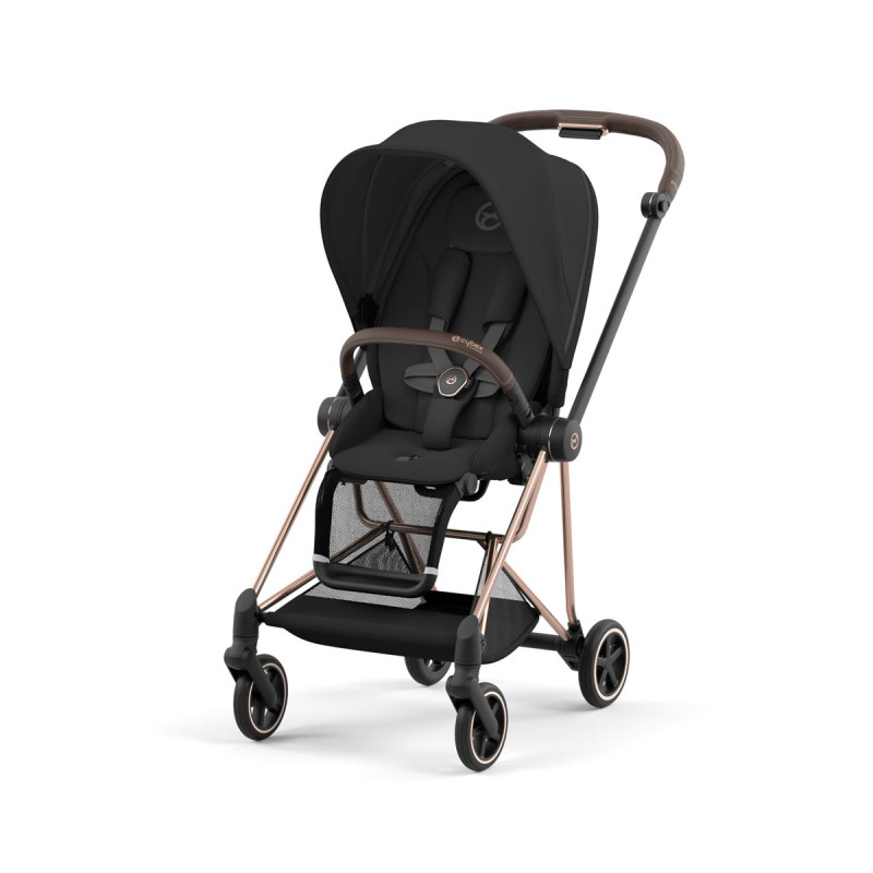 Silla de paseo Mios Platinum de Cybex, chasis rosegold y color de tejidos en sepia black.