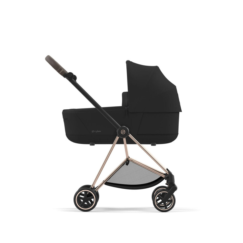 Cochecito Mios Platinum de Cybex, chasis rosegold y color de tejidos en sepia black.