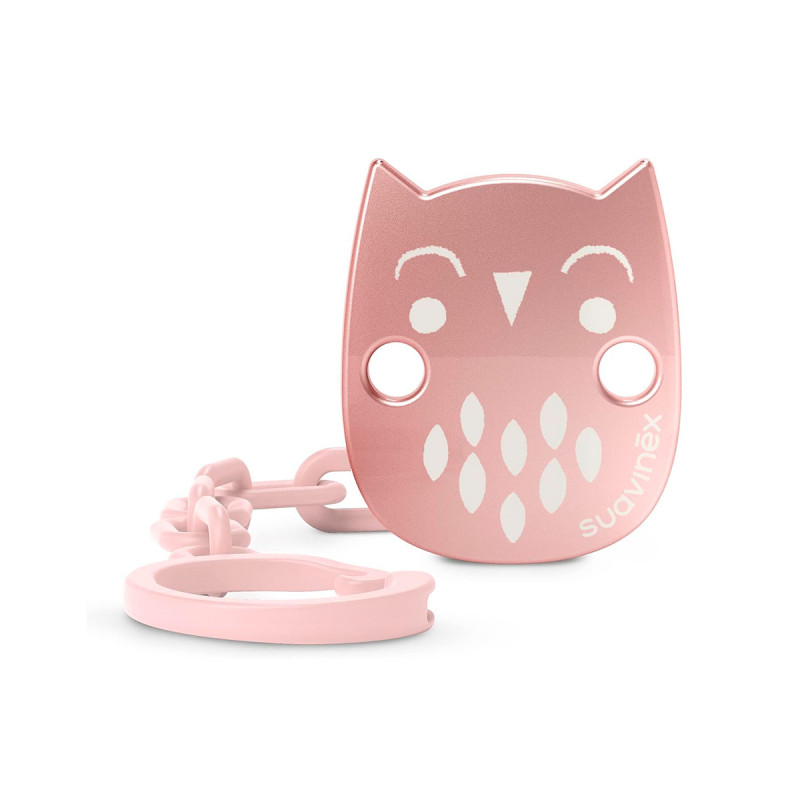 Pinza para chupete Premium Owl de Suavinex, en color rosa.