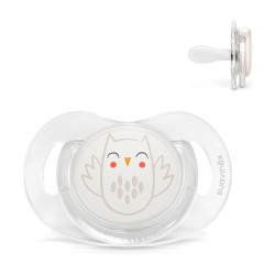 Chupete con tetina fisiológica, colección Premium Owl, de Suavinex para bebés 0-6 meses en color beige.
