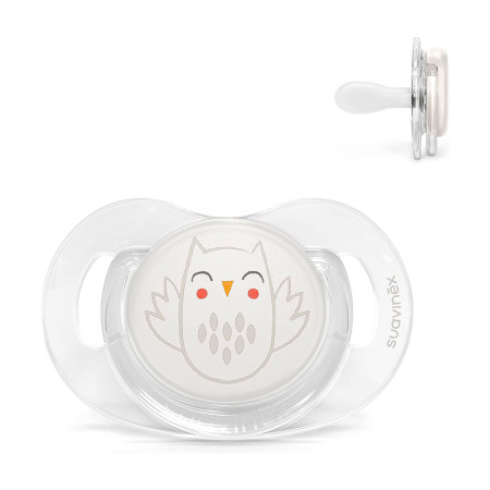 Chupete con tetina fisiológica, colección Premium Owl, de Suavinex para bebés 0-6 meses en color beige.