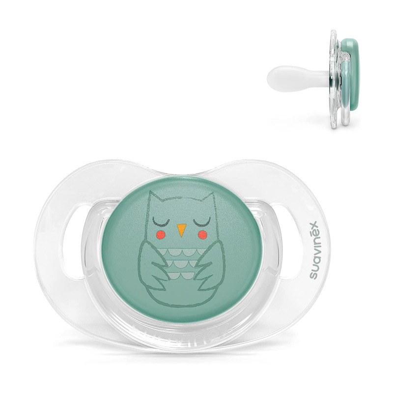 Chupete con tetina fisiológica, colección Premium Owl, de Suavinex para bebés 0-6 meses en color verde.