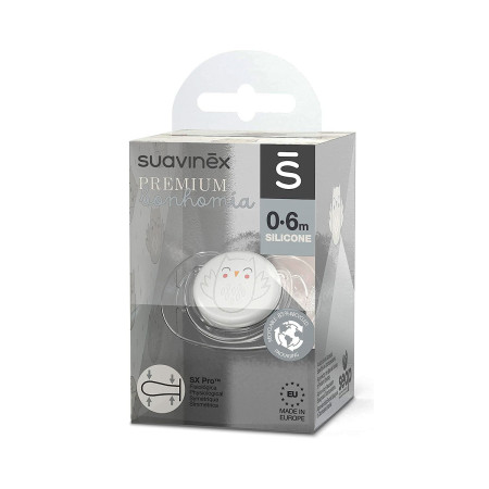 Chupete con tetina fisiológica, colección Premium Owl, de Suavinex para bebés 0-6 meses. Packaging del chupete.