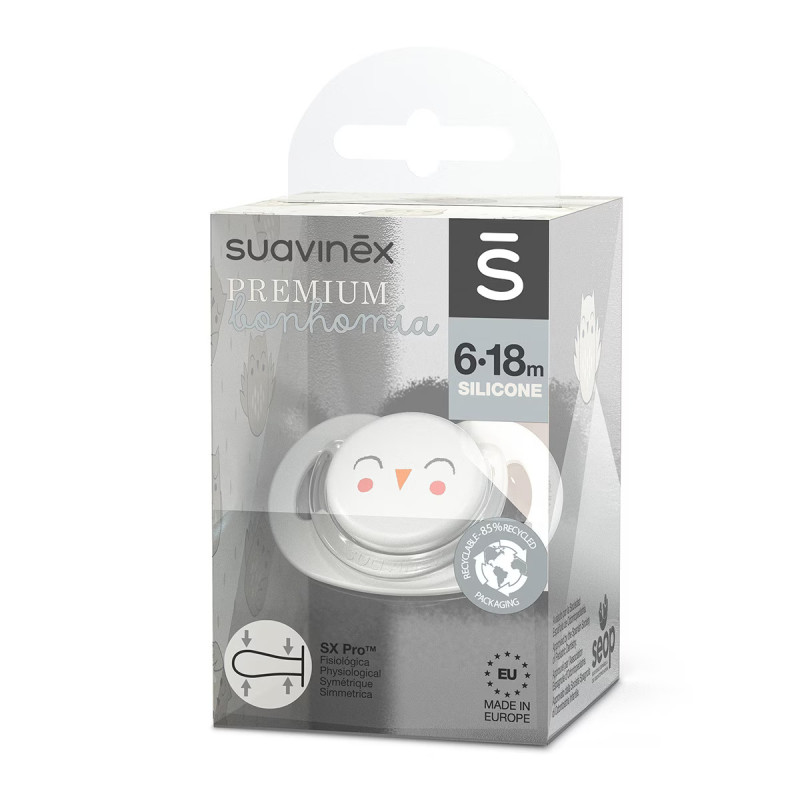 Chupete con tetina fisiológica de la colección Premium Owl de Suavinex, dentro de su packaging.