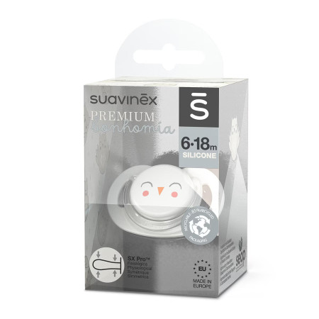 Chupete con tetina fisiológica de la colección Premium Owl de Suavinex, dentro de su packaging.