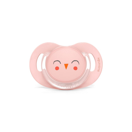 Chupete con tetina fisiológica de la colección Premium Owl de Suavinex en color rosa.