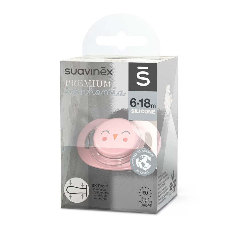 Chupete con tetina fisiológica de la colección Premium Owl de Suavinex, dentro de su packaging.