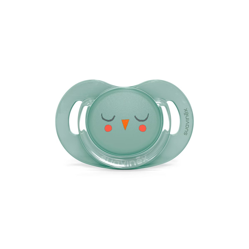 Chupete con tetina fisiológica de la colección Premium Owl de Suavinex en color verde.