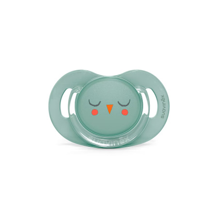 Chupete con tetina fisiológica de la colección Premium Owl de Suavinex en color verde.