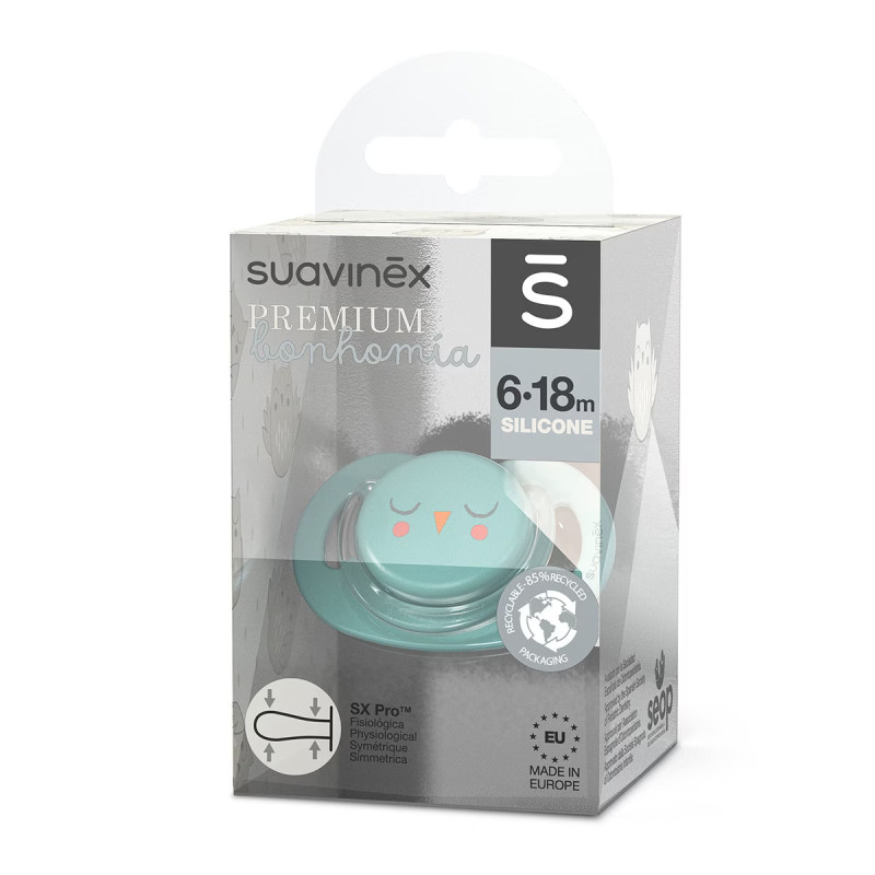 Chupete con tetina fisiológica de la colección Premium Owl de Suavinex, dentro de su packaging.