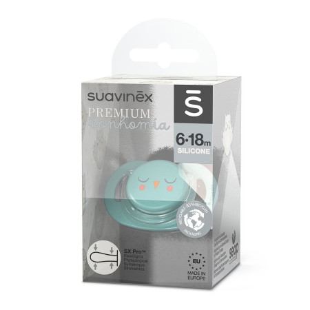 Chupete con tetina fisiológica de la colección Premium Owl de Suavinex, dentro de su packaging.